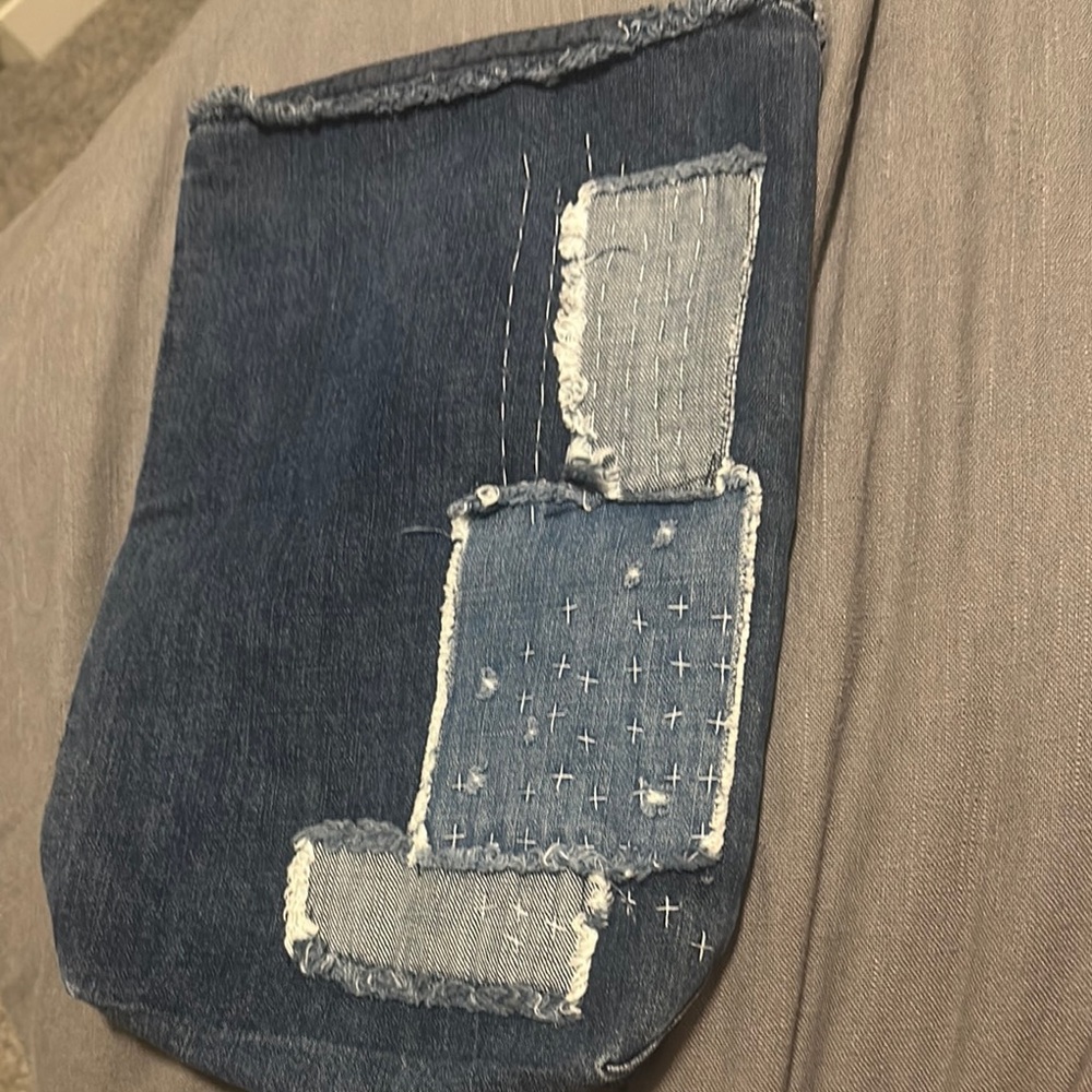 Anthropologie Woman’s Blue Patchwork Jeans zip up bag for hair tools, travel.